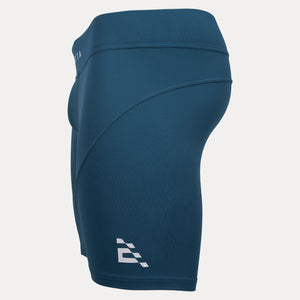 side view of deep teal men's compression short with white ergatta flag logo on leg