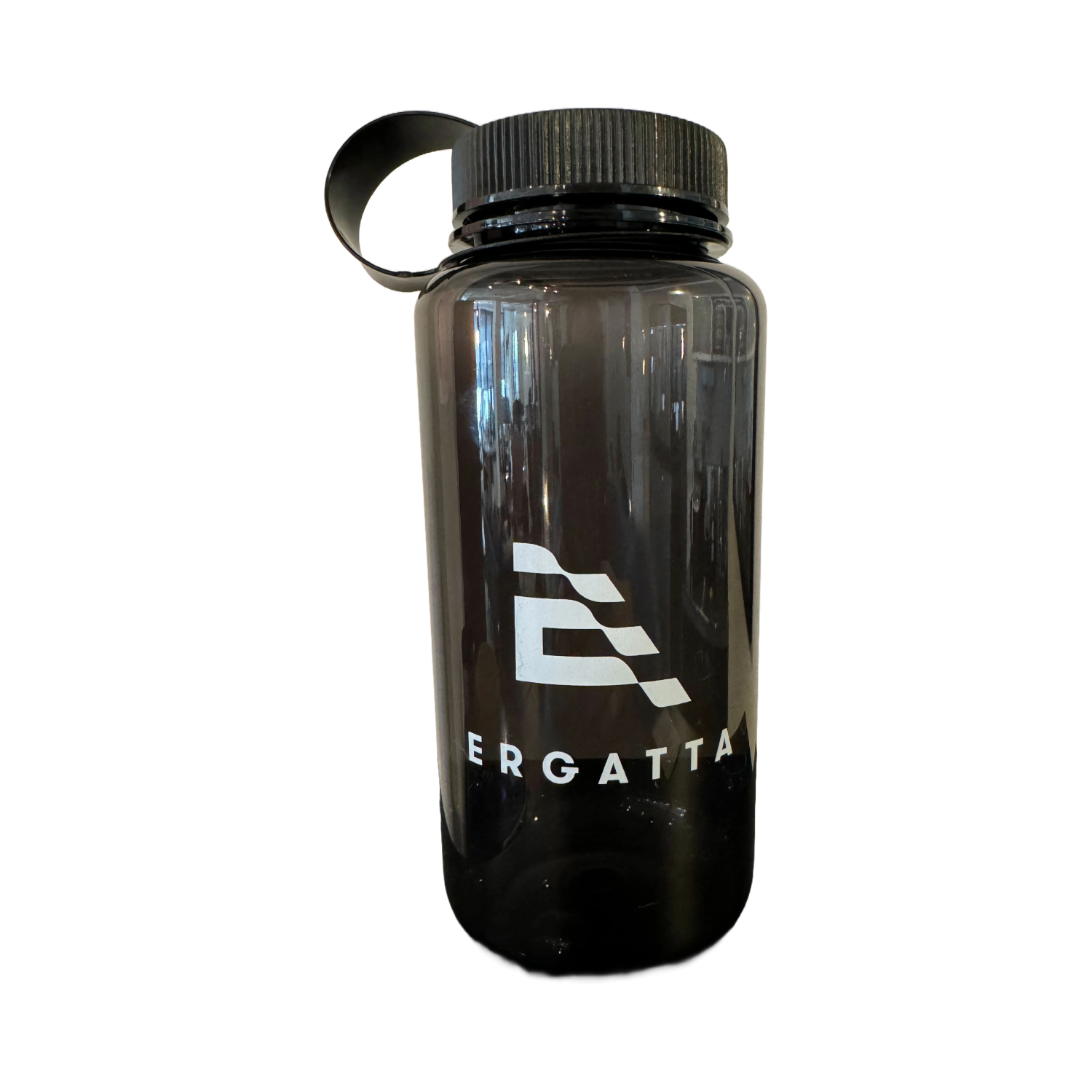 black water bottle with white ERGATTA logo on side