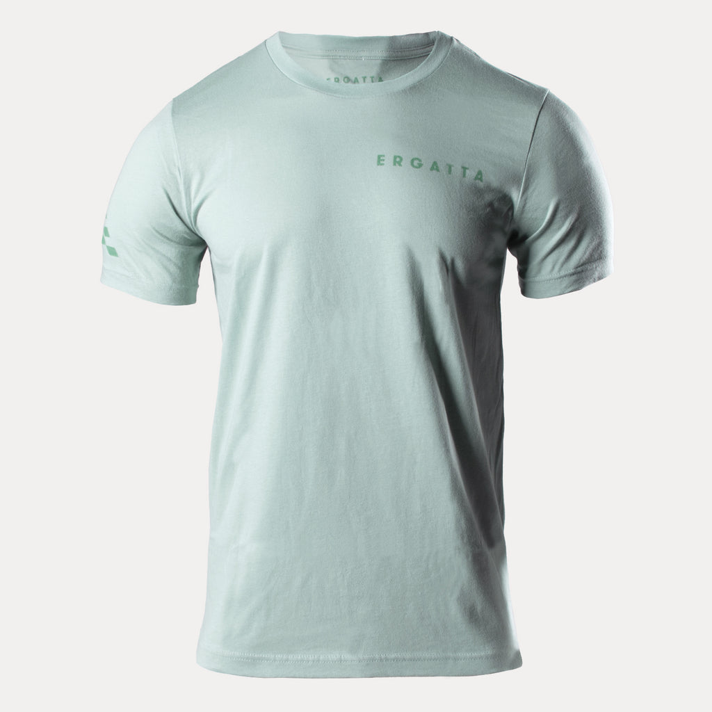 dusty blue t-shirt with Ergatta text on left chest and Ergatta logo on right arm