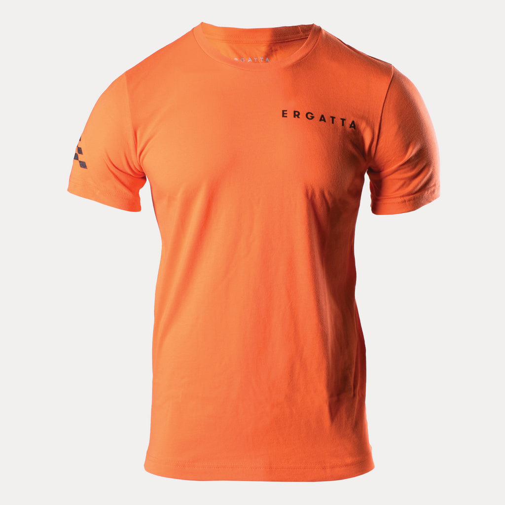 Orange t-shirt with Ergatta text on left chest and Ergatta logo on right arm