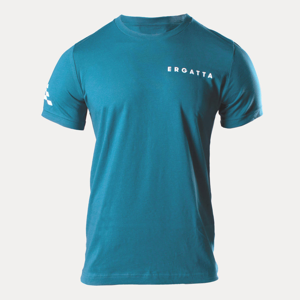 Teal t-shirt with Ergatta text on left chest and Ergatta logo on right arm