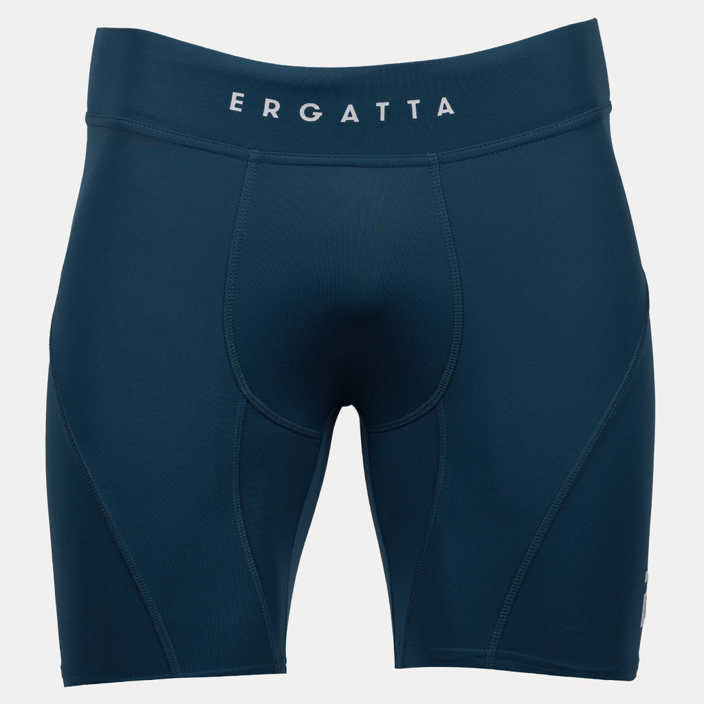 Deep teal Men's compression short with ERGATTA  text in white on waist