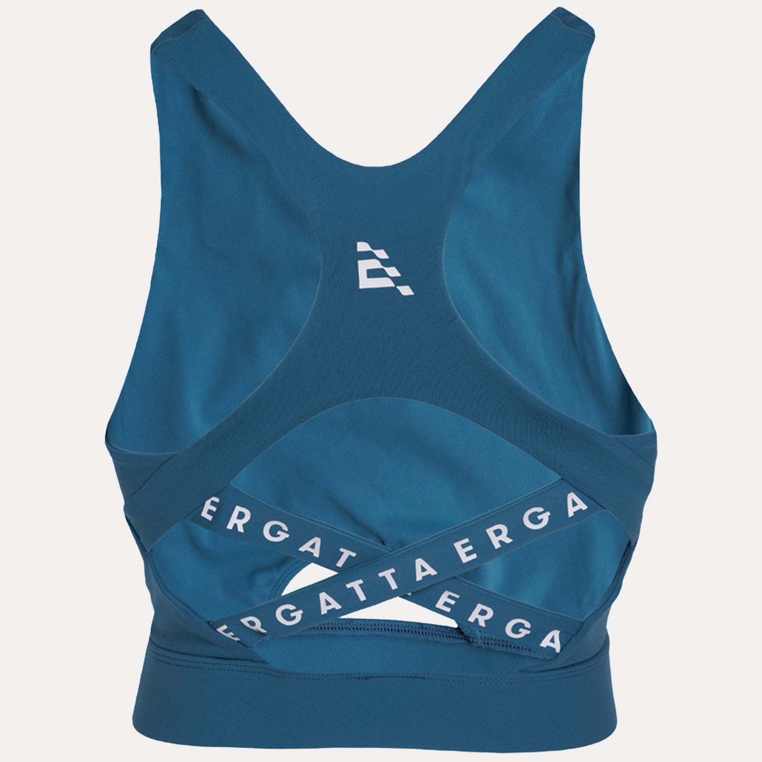 back of deep teal Women's compression tank with crossed straps with "ERGATTA" text and Ergatta flag logo on back